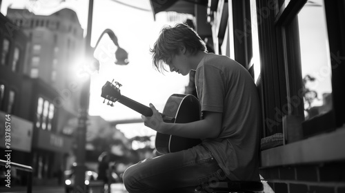 Young street musician engrossed in playing his guitar, sitting on a stool in a city setting.