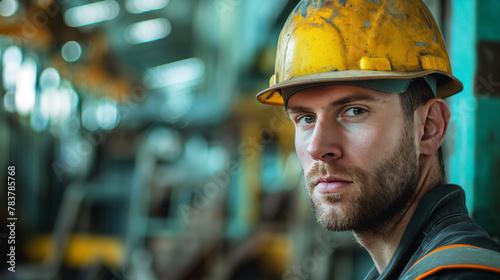Focused industrial worker wearing a yellow hard hat looks intently, with a backdrop of heavy machinery and steel structures.