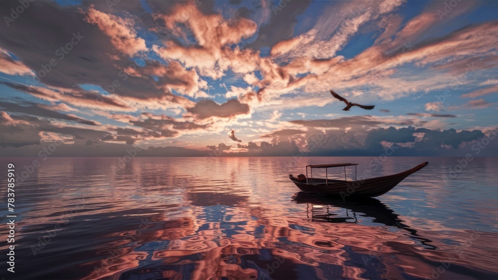 sunset, boat , tree,Bird Flying