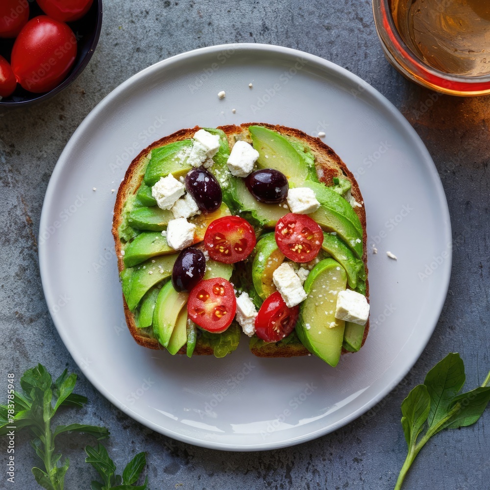 Scrumptious Mediterranean Avocado Toast: Perfectly ripe avocado, cherry tomatoes, olives, feta, golden olive oil, fresh herbs. Warm, inviting brunch atmosphere. Scrumptious Mediterranean Avocado Toast: Perfectly ripe avocado, cherry tomatoes, olives, feta, golden olive oil, fresh herbs. Warm, inviting brunch atmosphere.