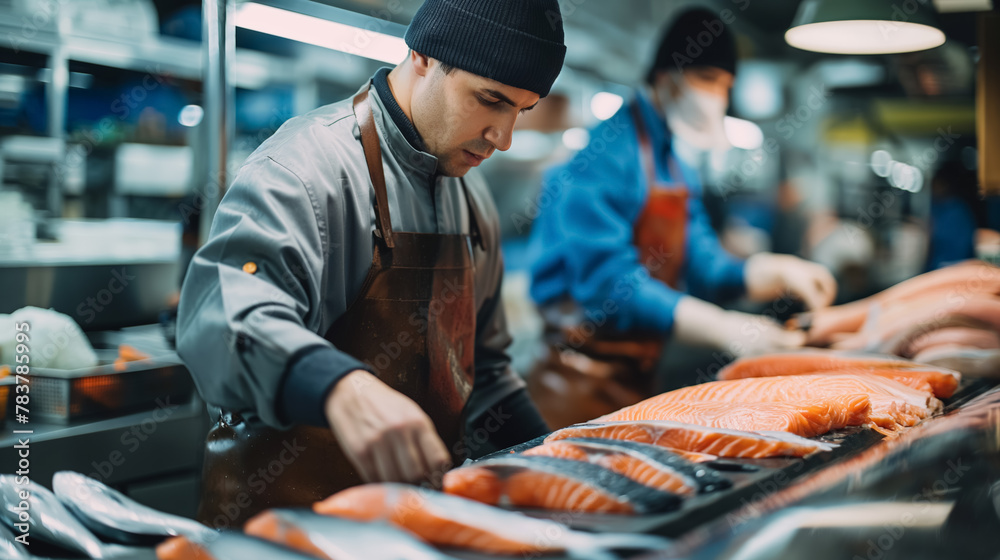 Professional chef meticulously slices fresh salmon at a fish market, displaying culinary skill and precision.