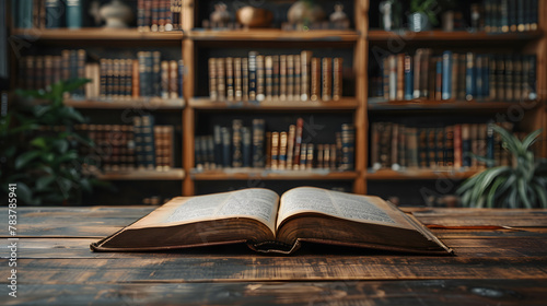 An open book lies on a wooden floor in a library. The book is surrounded by many bookshelves, and the shelves are filled with books. 