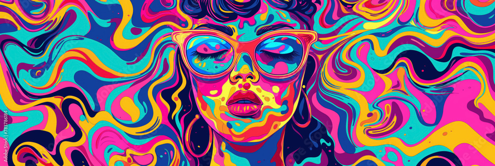 Ppsychedelic, colorful abstract portrait of a woman with swirling patterns and shades.