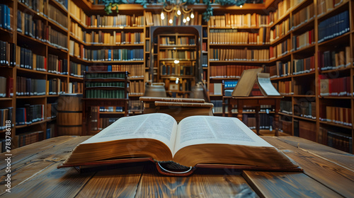 An open book lies on a wooden floor in a library. The book is surrounded by many bookshelves, and the shelves are filled with books. 