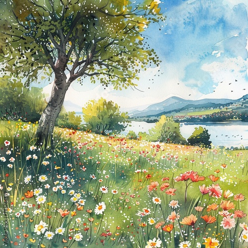 Summer nature landscape, watercolor illustration