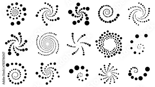 Set of black halftone swirls. Stars, galaxy, universe, cosmic aesthetic. Design elements collection for web pages, prints, posters, template.