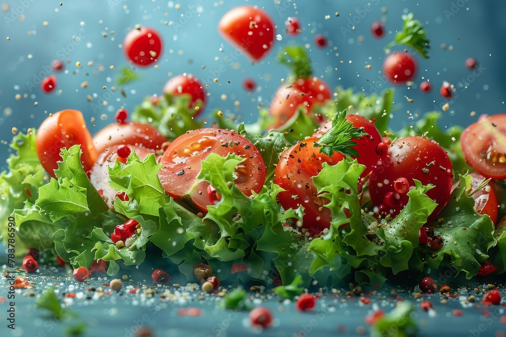 Close-up of freshly sliced tomatoes and lettuce tossed in a sprinkle of spice, conveying a sensation of movement Close-up of freshly sliced tomatoes and lettuce tossed in a sprinkle of spice, conveying a sensation of movement
