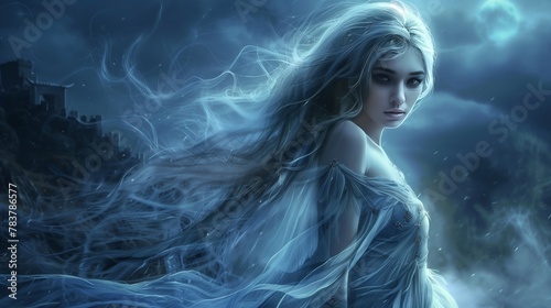 Enigmatic Sylph in Misty Moonlit Ruins Under a Lurking Sky