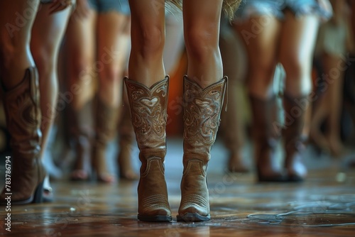 A detailed image capturing the intricacy and craftsmanship of cowboy boots worn by dancers on a wooden floor