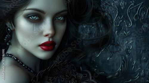 Gothic Fantasy Portrait of a Woman with Ornate Background and Red Lips photo