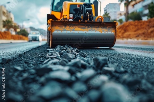 Close-up shot illustrating a steamroller smoothing freshly laid asphalt on an urban road construction site photo