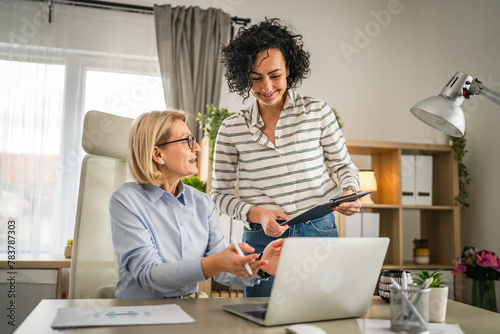 Two mature woman work and consult at office