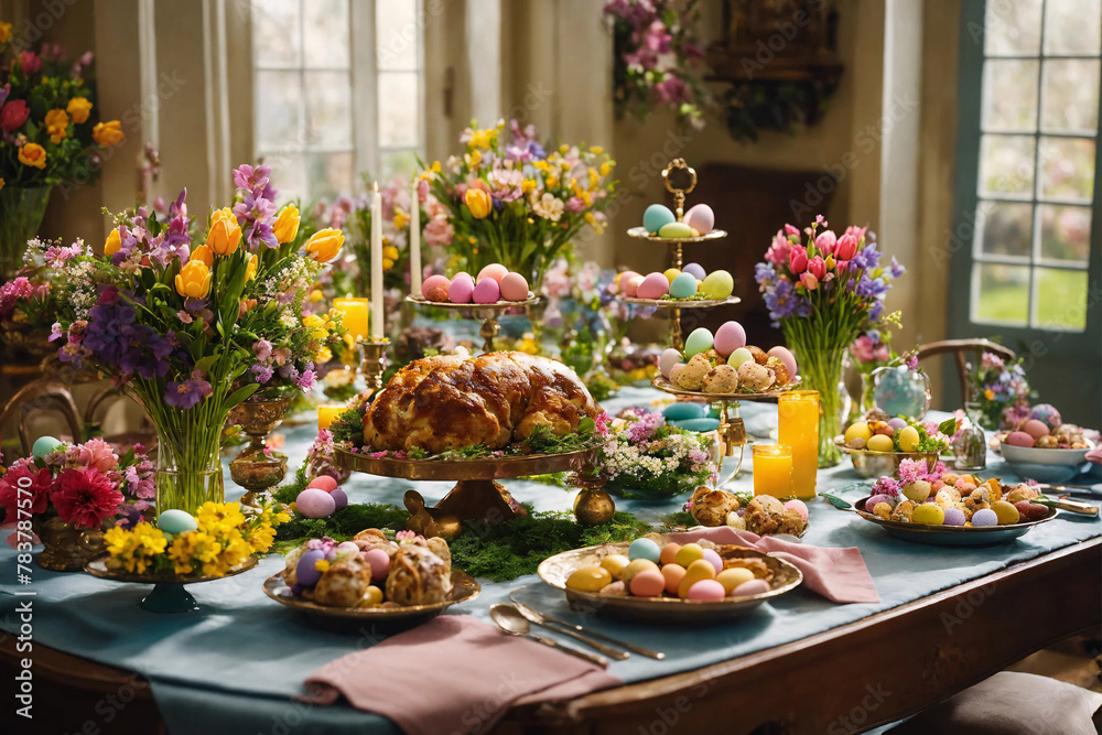 Easter decorated table. Meat cake, blooming flowers,wax candles and colorful holiday eggs on plates. Easter decorated table. Meat cake, blooming flowers,wax candles and colorful holiday eggs on plates.