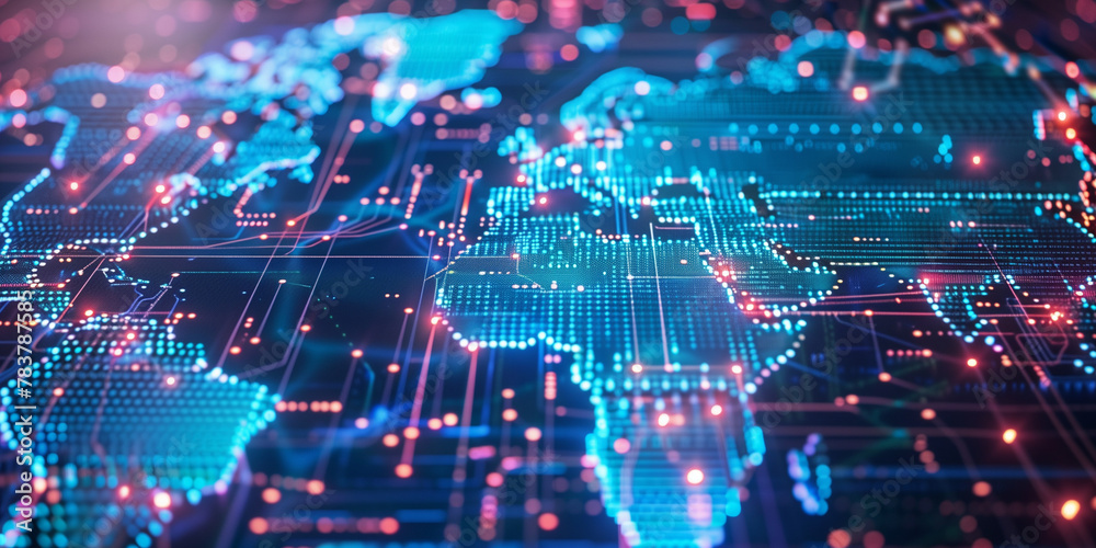 A world map made of printed circuits, representing the global network and connections, data transmission and advanced technologies. A world map made of printed circuits, representing the global network and connections, data transmission and advanced technologies.