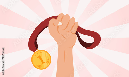 Hand holding a gold medal. Winner concept. Vector illustration.