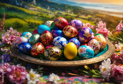 Easter colorful holiday eggs on decorated plate. Christian tradition.