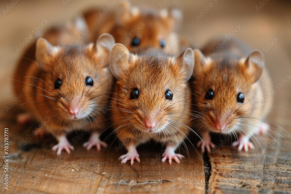 This intricate close-up depicts multiple mice with detailed fur textures perched on a wooden plank This intricate close-up depicts multiple mice with detailed fur textures perched on a wooden plank