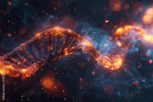 This image showcases a DNA double helix structure illuminated with a fiery glow against a dark, moody background, symbolizing biotechnology