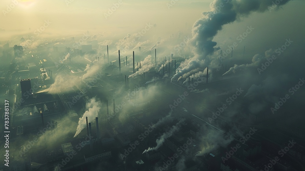 A smogfilled city from above, suffocating under emissions