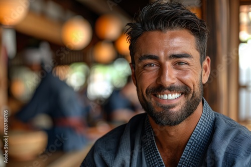A beaming man with a beard wears a Japanese robe (Yukata), exuding happiness and comfort in a traditional setting