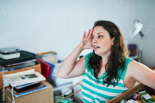 Fotografía Cleaning, stress and woman in home with chores, boxes of junk and clutter in living room chaos