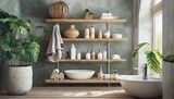 Generated image of bathroom shelves with soap and shampoo