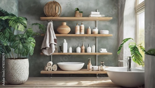 Generated image of bathroom shelves with soap and shampoo