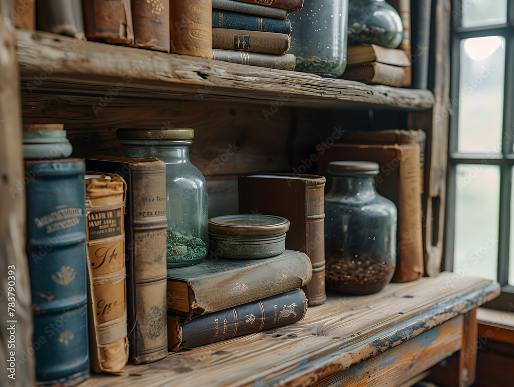 Fototapeta premium A wooden shelf filled with old books, jars, and containers.