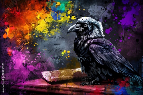 A solemn crow in a judge s wig, presiding with wisdom, captured in sleek black and grey watercolors photo