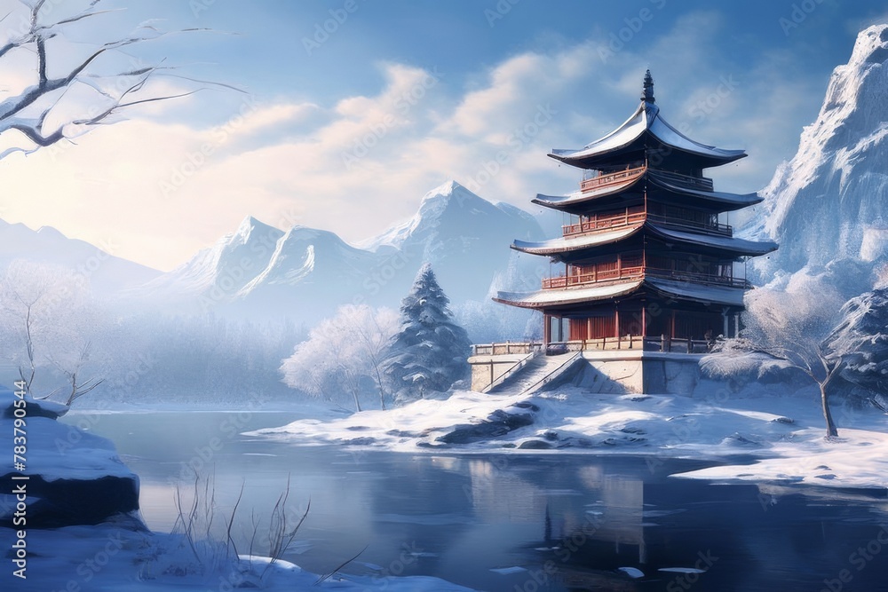 Beautiful winter landscape with an old pagoda in Asian style.