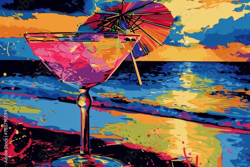 A close-up of a colorful cocktail in a pop art style, adorned with a tiny umbrella, bold outlines