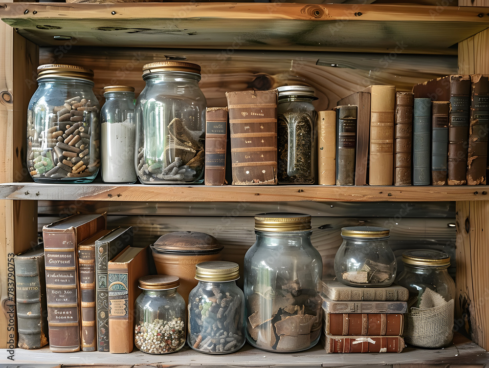 A wooden shelf filled with old books, jars, and containers. A wooden shelf filled with old books, jars, and containers.