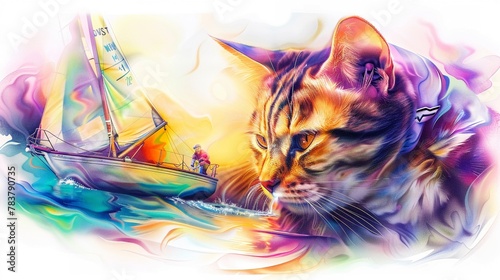 A whimsical scene of a cat in a sailor hat, navigating a tiny sailboat, illustrated in playful watercolor strokes
