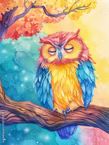 A wise owl meditating on an ancient tree branch, with a backdrop of starry night in watercolors, denoting wisdom and mystery