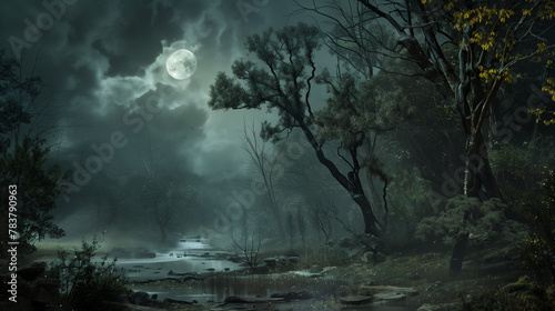 mystery forest with full moon and foggy mountains, Halloween backdrop.