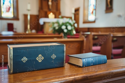 A simple depiction of an Easter church service setting, with pews and hymnals, on a clean background for text photo