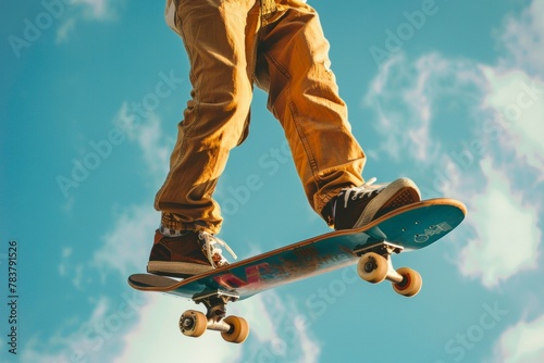 A dynamic photo of a skateboarder in flowy linen pants, a colorful graphic tee, and vintage sneakers
