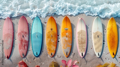 Colorful Surfboards Lined Up on Sandy Beach