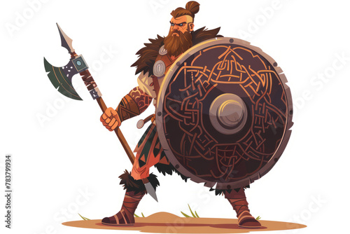 Ancient Celtic Warrior: A Celtic warrior adorned with torcs and tattoos, wielding a broadsword and a round shield. photo