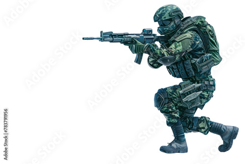 Biomorphic Stealth Trooper : A soldier with a camouflaging exoskeleton, merging with the environment, on a pure white stage.