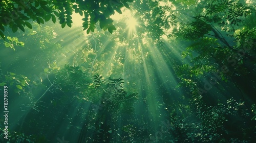 A lush green forest with tall trees and leaves