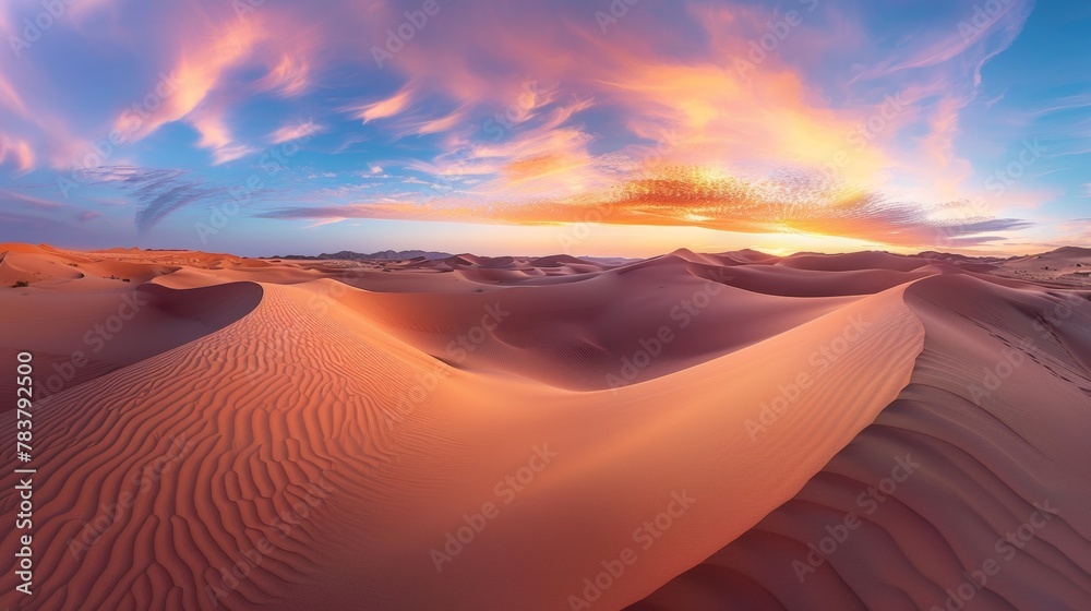 A panorama of a desert landscape at sunset, with rolling sand dunes casting long shadows and the sky ablaze with color - obrazy, fototapety, plakaty 