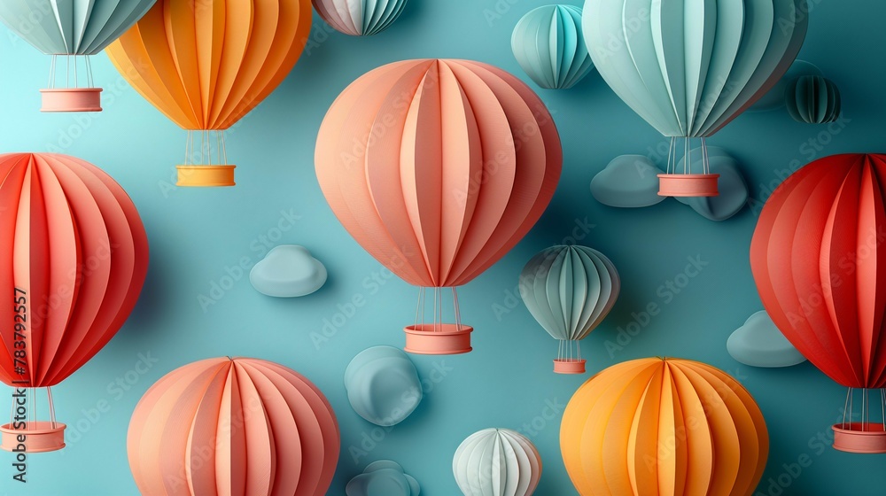 Colorful Hot Air Balloons Illustration with Clouds on Teal Background Colorful Hot Air Balloons Illustration with Clouds on Teal Background
