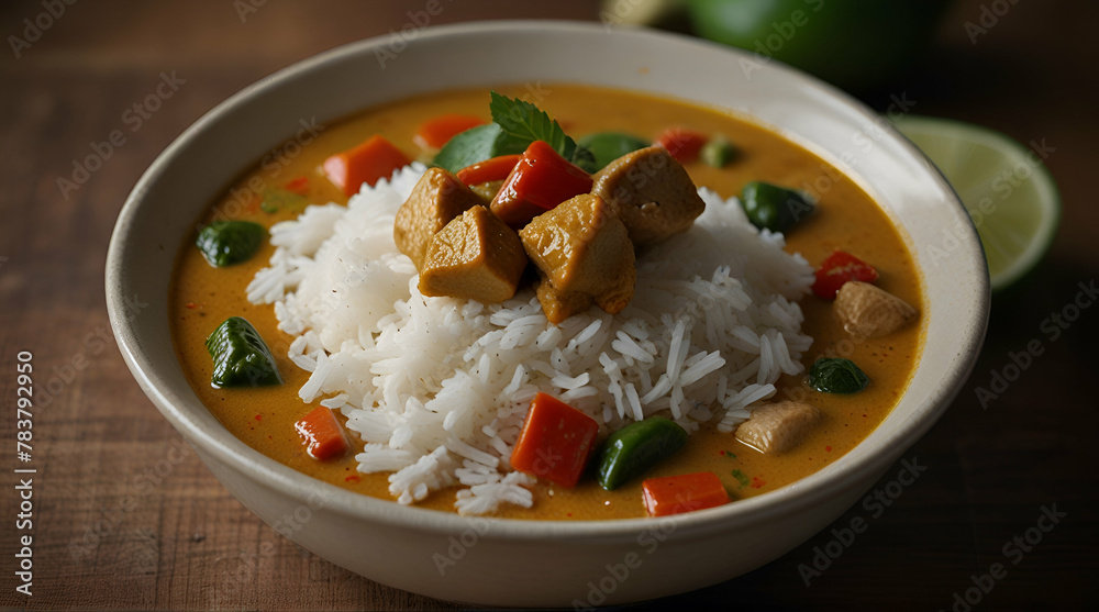 Chicken and cashew red curry with rice and herbs, thai inspired dish.generative.ai Chicken and cashew red curry with rice and herbs, thai inspired dish.generative.ai