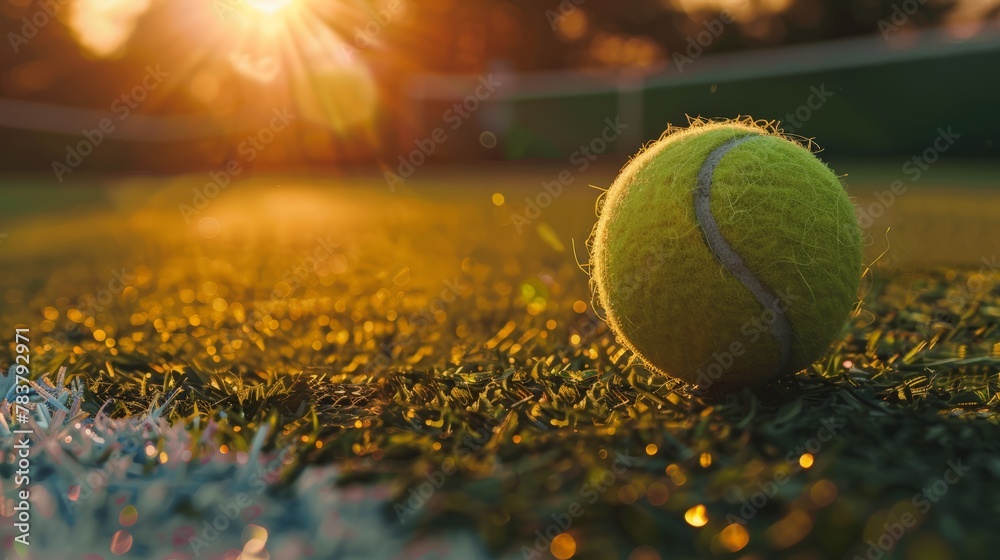 Close-up of a tennis ball on grass court with sun setting in the background, creating a warm, golden