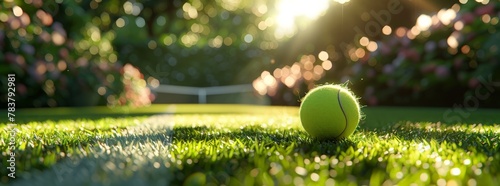 Vibrant tennis ball on a grass court, highlighted by the early morning sun, with a serene sunrise in the background. photo