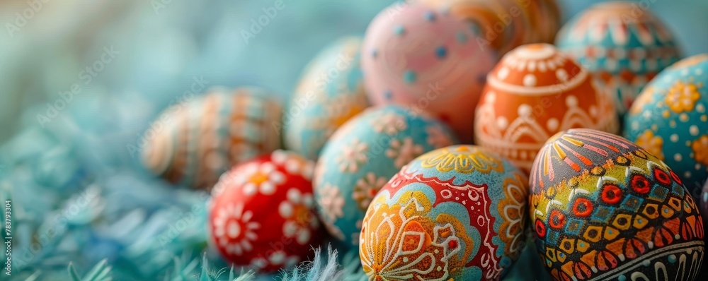Close-up of Easter eggs with intricate patterns, conveying the festive spirit of family gatherings, with ample text space