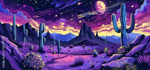 A starry night sky above a desert landscape in pop art, stylized cacti, bold Milky Way