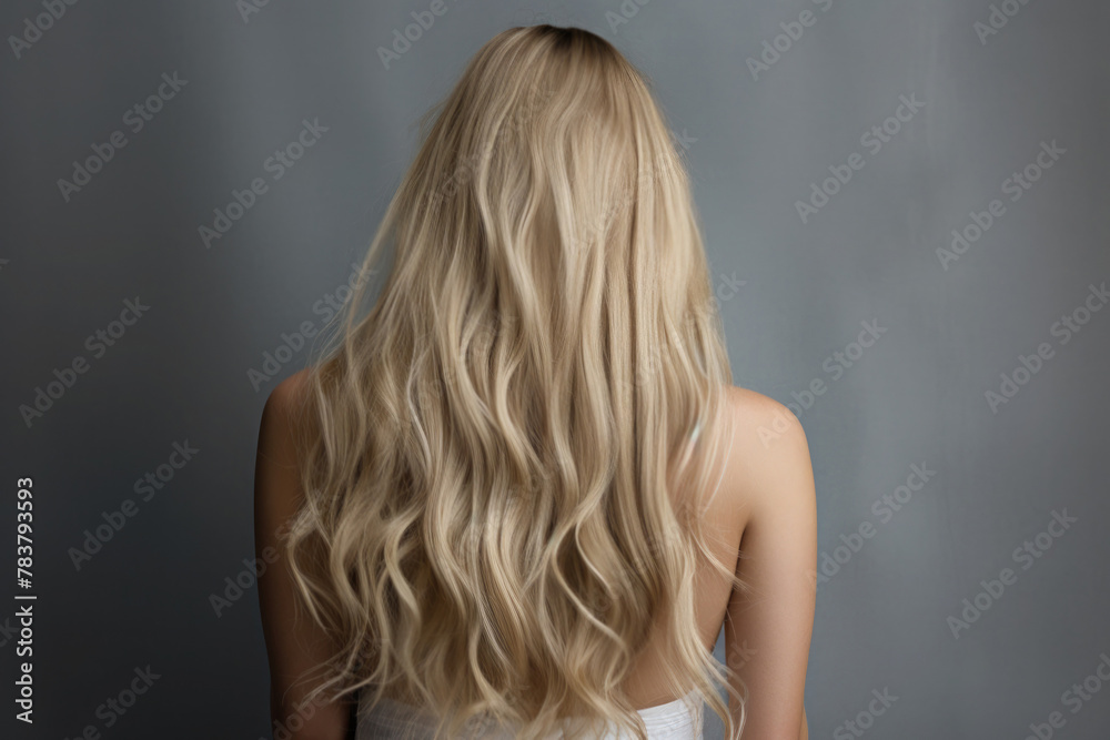 Back view of beautiful woman with long blond wavy hair on a gray studio background. Back view of beautiful woman with long blond wavy hair on a gray studio background.