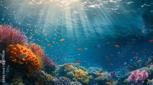 A vibrant coral reef teeming with colorful fish, sunlight dappling through the crystal-clear water © ktianngoen0128
